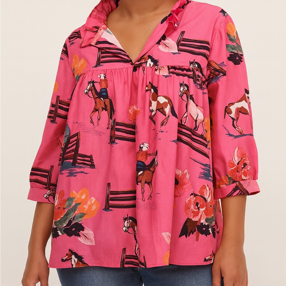 Pink Blouse with Horse Print